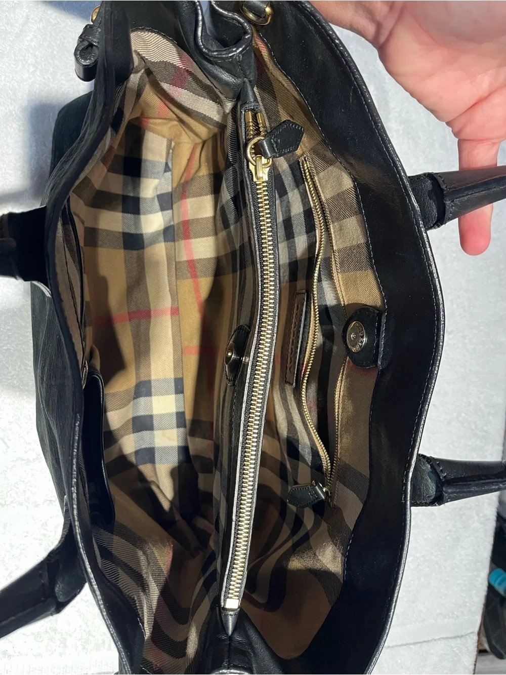 Burberry Black Suede Leather Satchel with Gold Accents